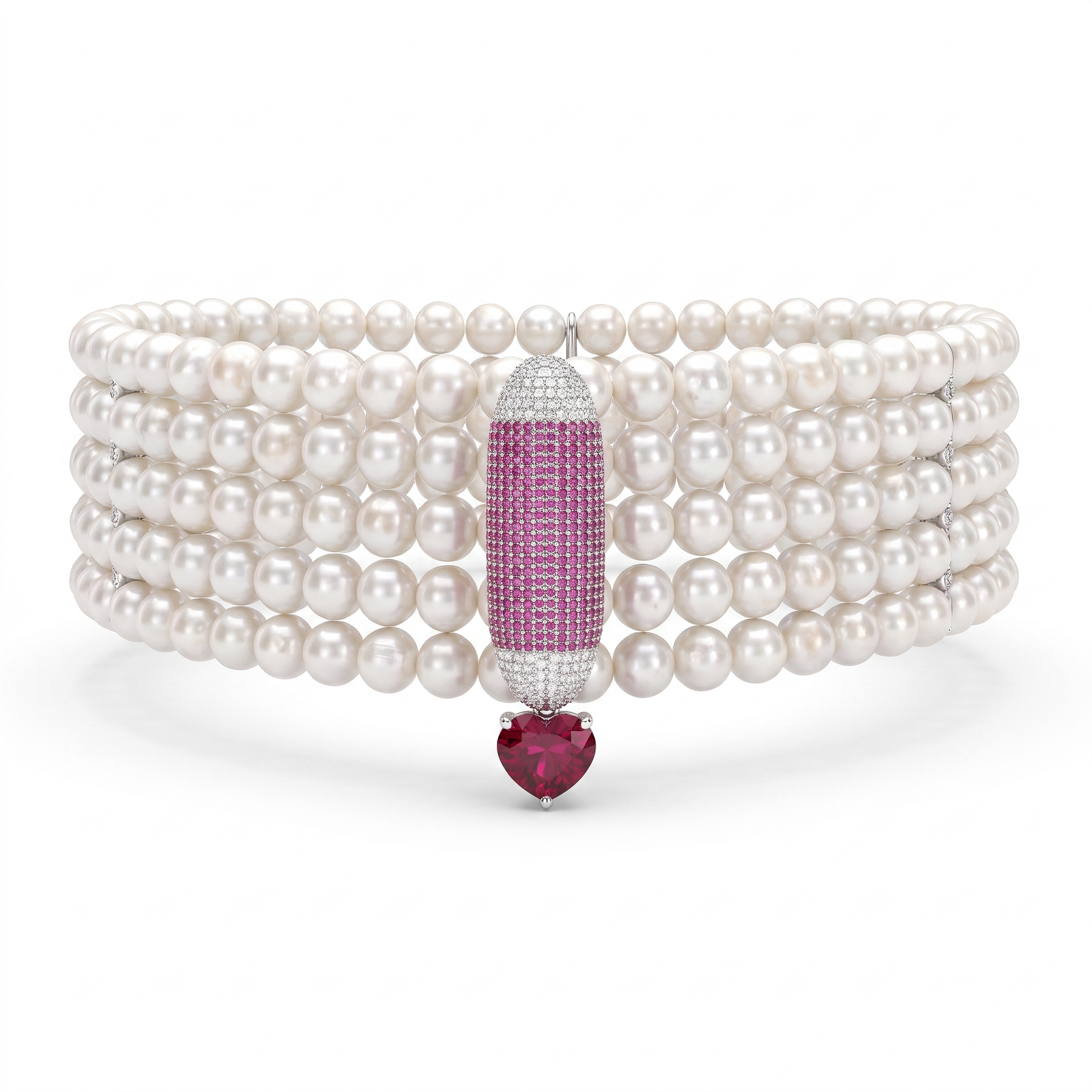 Natural Pearl, Ruby & Diamond Statement Choker Necklace | 1.00 CT Natural Diamonds | 18K White Gold | Saleh Sallom Jewelry