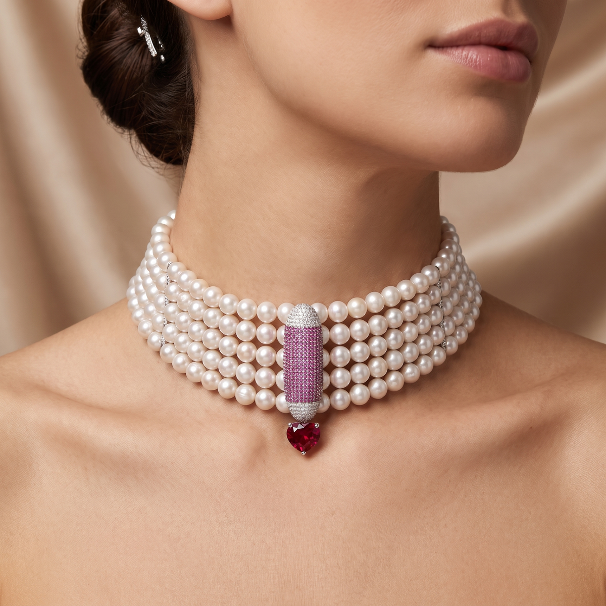 Natural Pearl, Ruby & Diamond Statement Choker Necklace | 1.00 CT Natural Diamonds | 18K White Gold | Saleh Sallom Jewelry