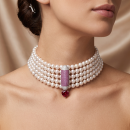 Natural Pearl, Ruby & Diamond Statement Choker Necklace | 1.00 CT Natural Diamonds | 18K White Gold | Saleh Sallom Jewelry