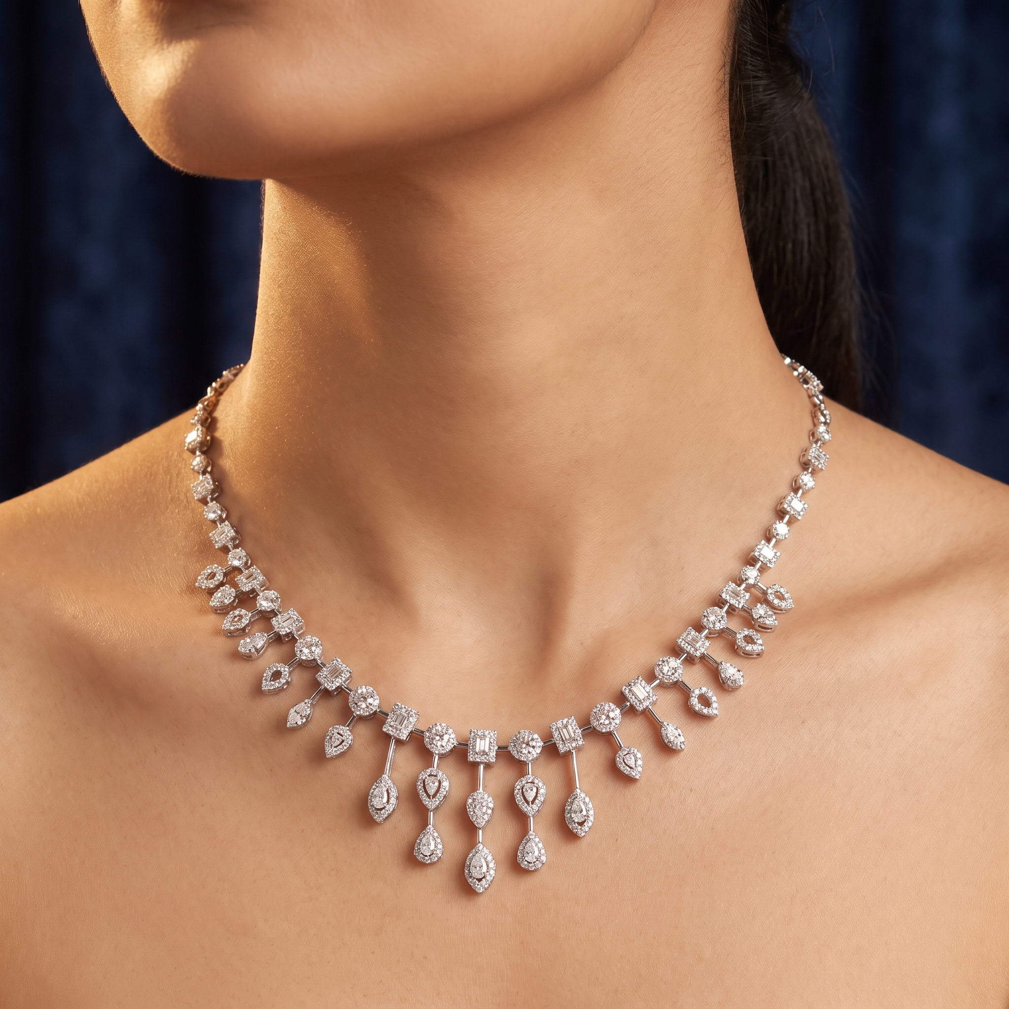 Natural Diamond Multi-Shape Drop Necklace | 3.72 CT Natural Diamonds | 18K White Gold | Saleh Sallom Jewelry Secondary image