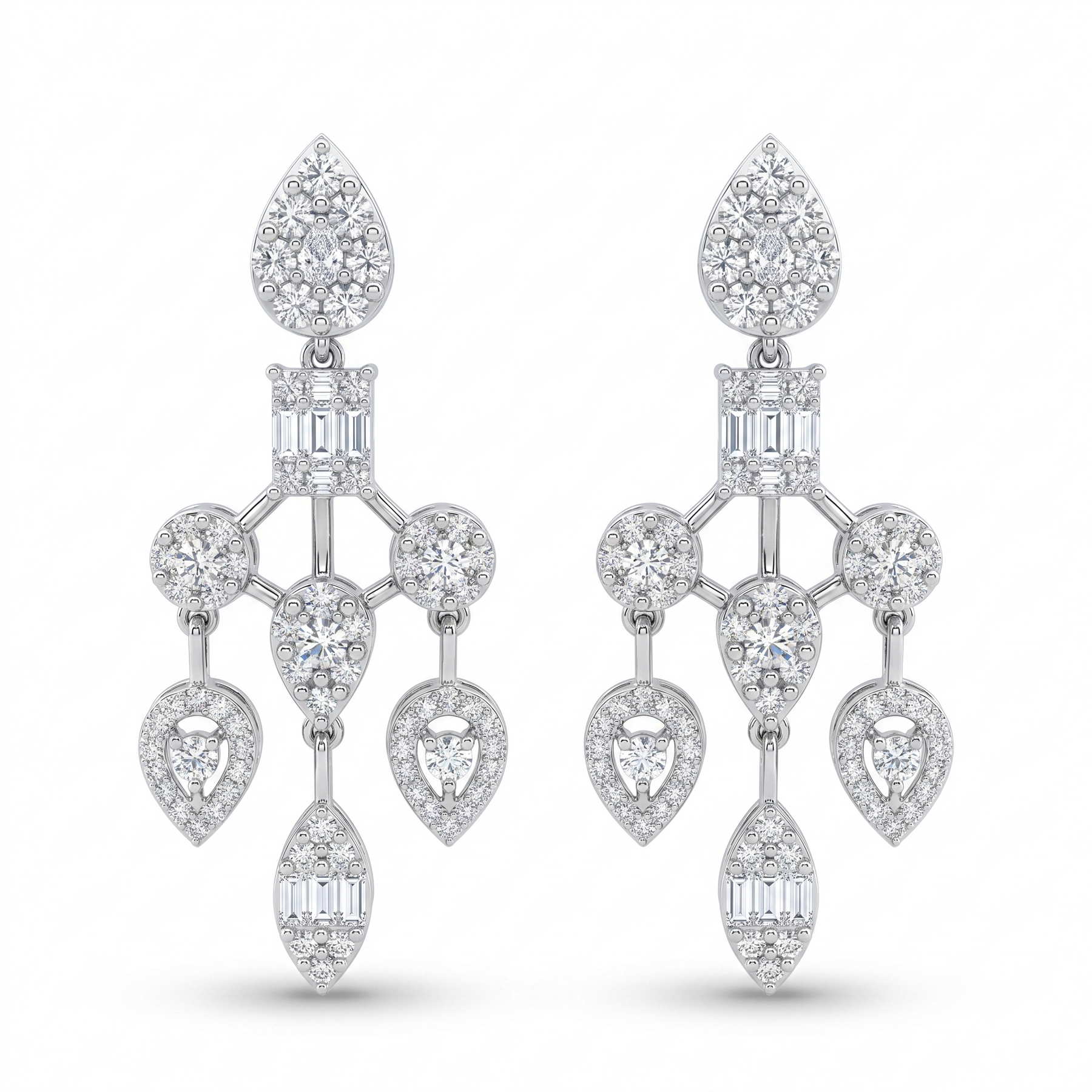 Natural Diamond Multi-Shape Chandelier Earrings | 1.45 CT Natural Diamonds | 18K White Gold | Saleh Sallom Jewelry