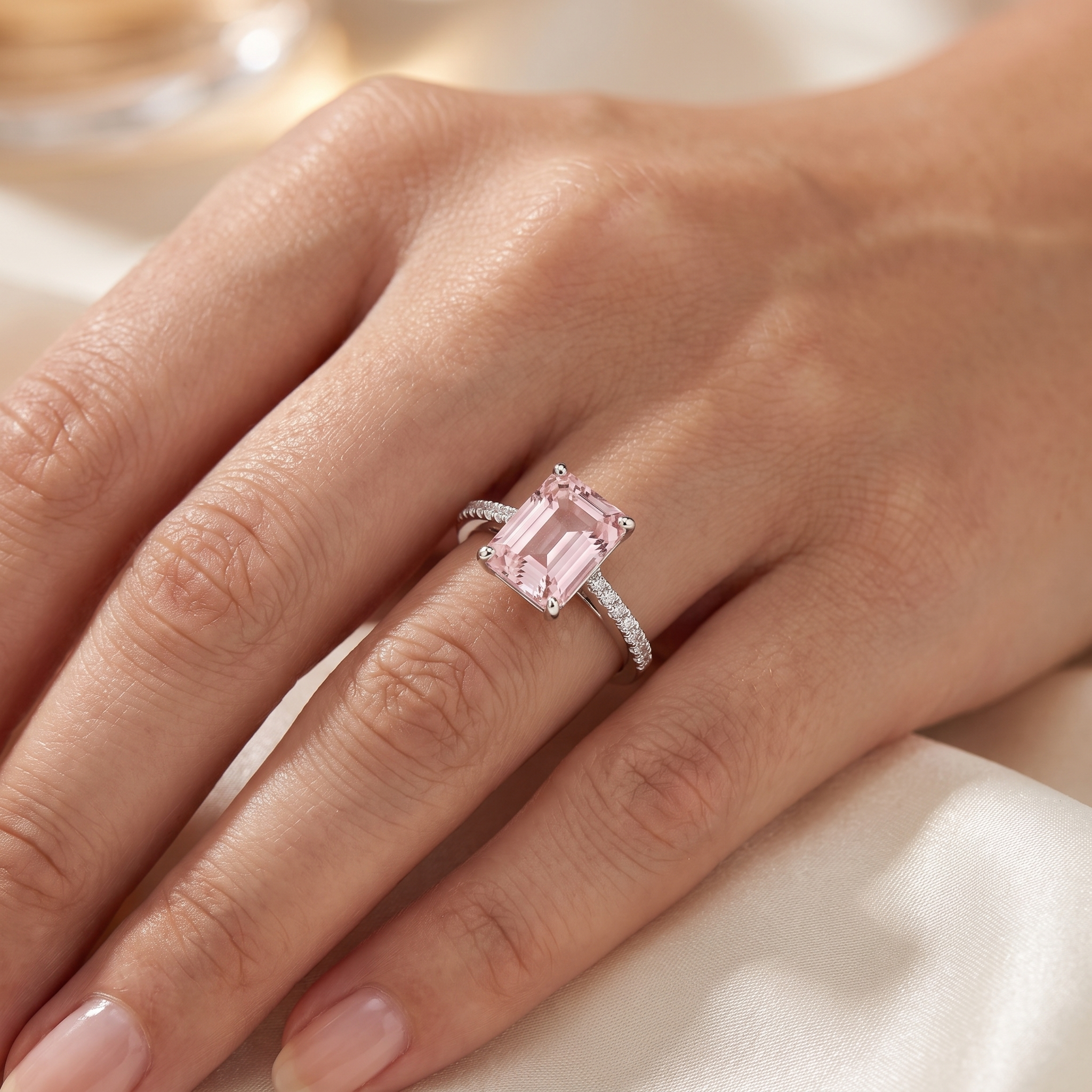Emerald-Cut Pink Morganite & Lab-Grown Diamond Ring | 0.32 CT Lab-Grown Diamonds | 18K White Gold | Saleh Sallom Jewelry Secondary image