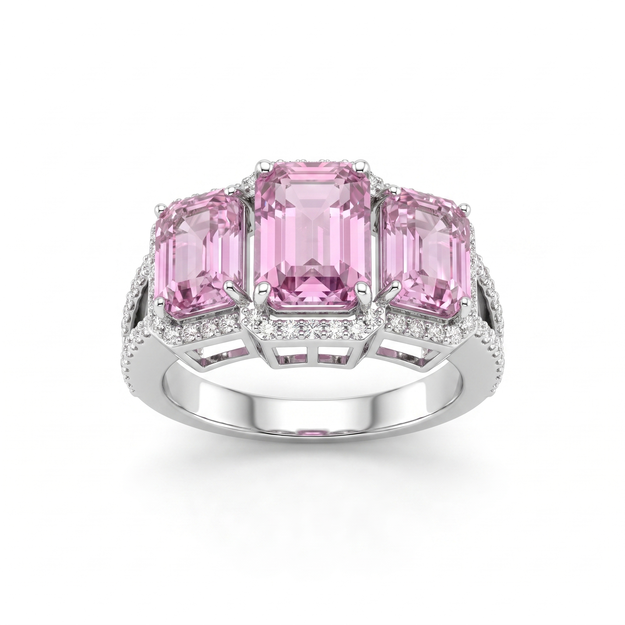 Three-Stone Emerald-Cut Pink Morganite & Lab-Grown Diamond Ring | 9.42 CT Total | 18K White Gold | Saleh Sallom Jewelry Main image