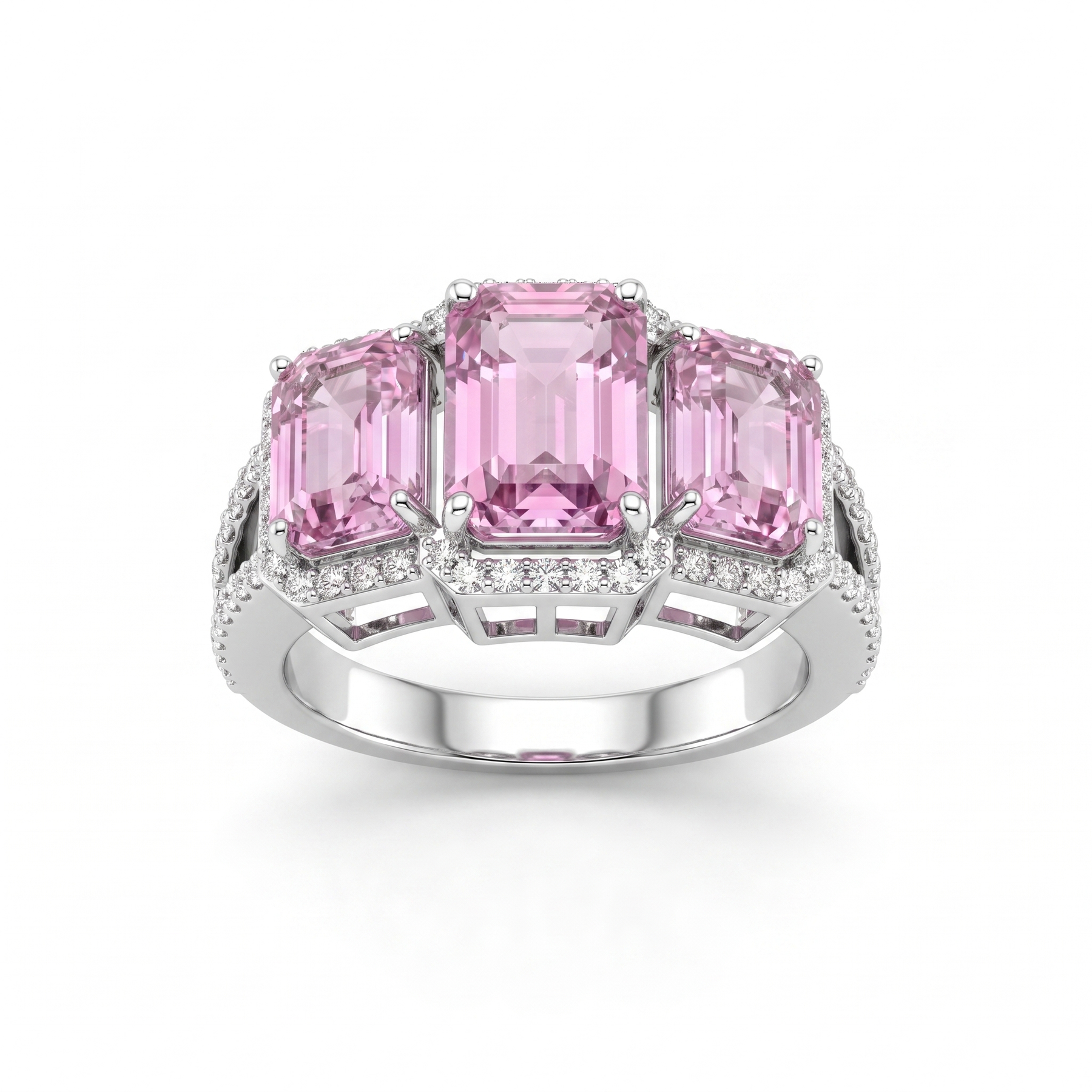 Three-Stone Emerald-Cut Pink Morganite & Lab-Grown Diamond Ring | 9.42 CT Total | 18K White Gold | Saleh Sallom Jewelry