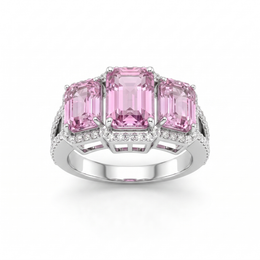Three-Stone Emerald-Cut Pink Morganite & Lab-Grown Diamond Ring | 9.42 CT Total | 18K White Gold | Saleh Sallom Jewelry