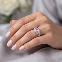 Three-Stone Emerald-Cut Pink Morganite & Lab-Grown Diamond Ring | 9.42 CT Total | 18K White Gold | Saleh Sallom Jewelry