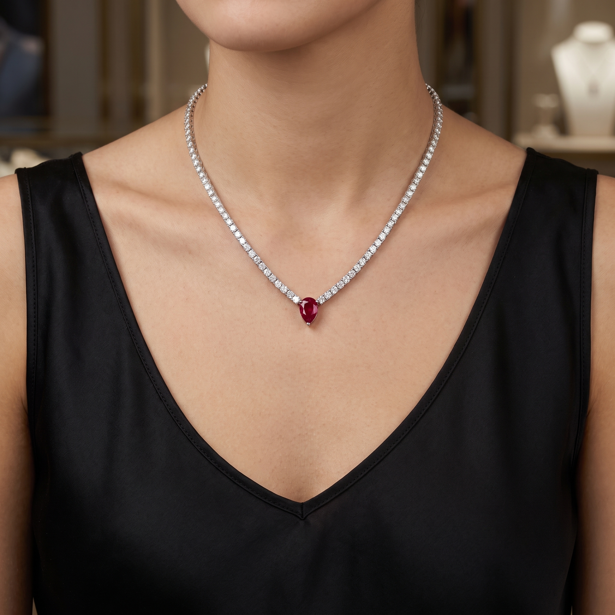Ruby & Lab-Grown Diamond Tennis Necklace | 1.00 CT Ruby | 6.01 CT Lab-Grown Diamonds | 18K White Gold | IGI Certified | Saleh Sallom Jewelry Secondary image