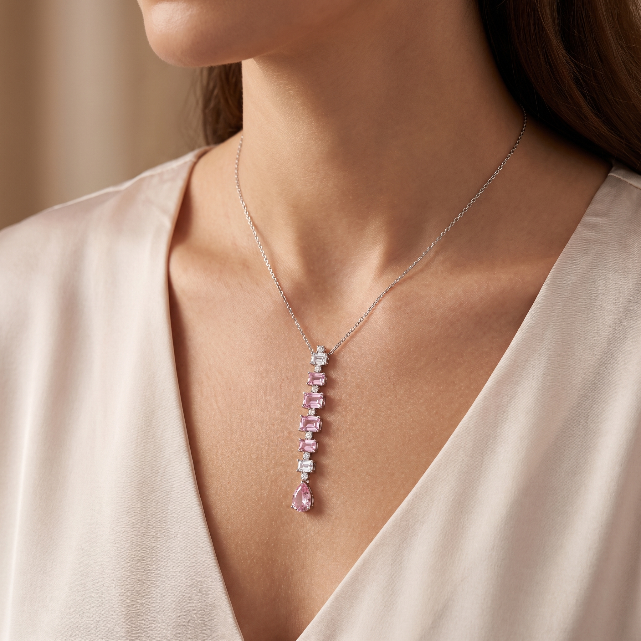 Pink Sapphire & Lab-Grown Diamond Drop Necklace | 21.24 CT | 18K White Gold | Saleh Sallom Jewelry Secondary image