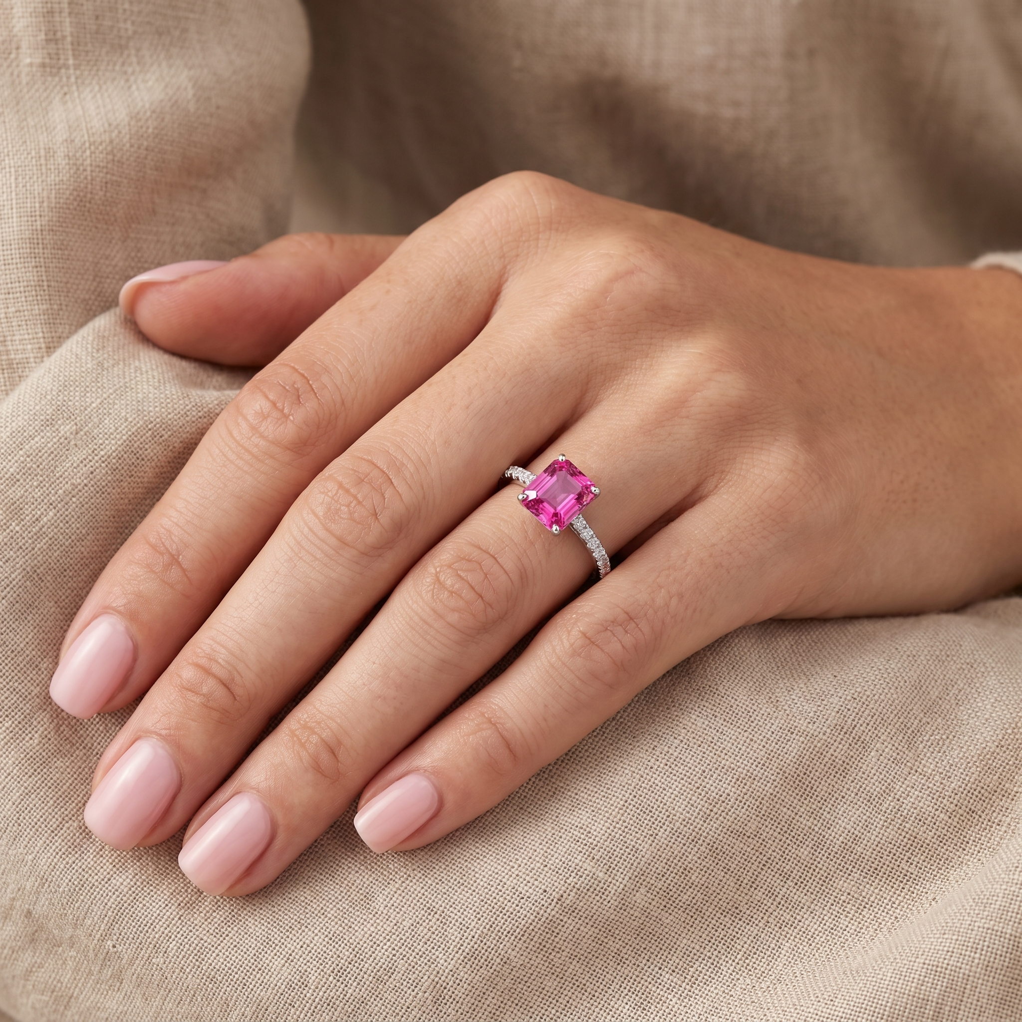 Pink Sapphire & Lab-Grown Diamond Ring | 0.25 CT Diamonds | 18K White Gold Secondary image