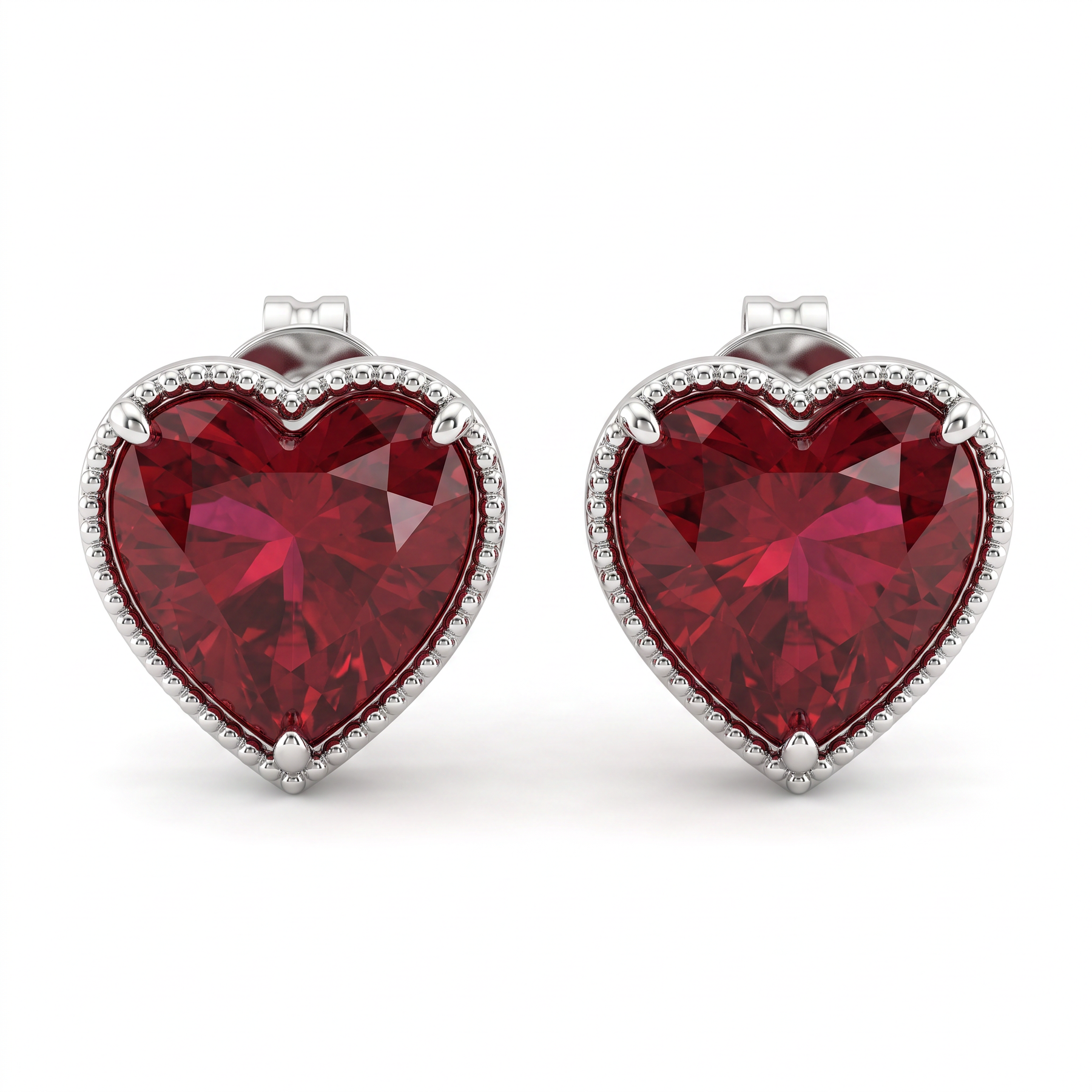 Heart-Shaped Red Gemstone Stud Earrings | 18K White Gold