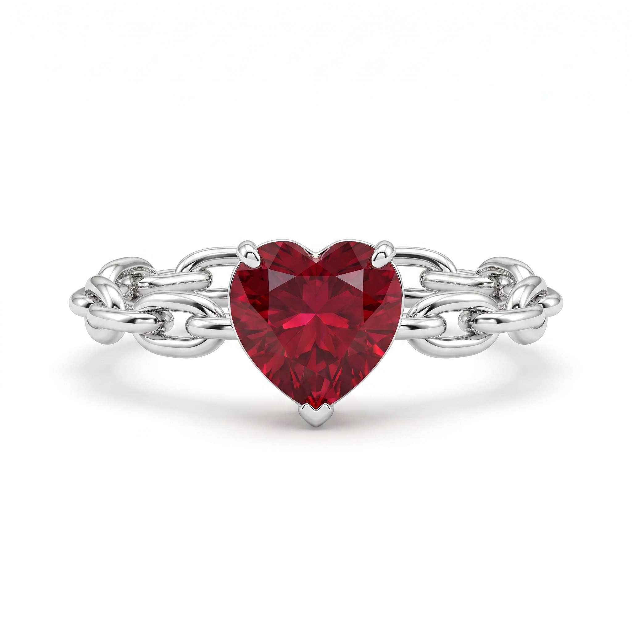 Heart-Shaped Red Gemstone Chain Ring | 18K White Gold Main image