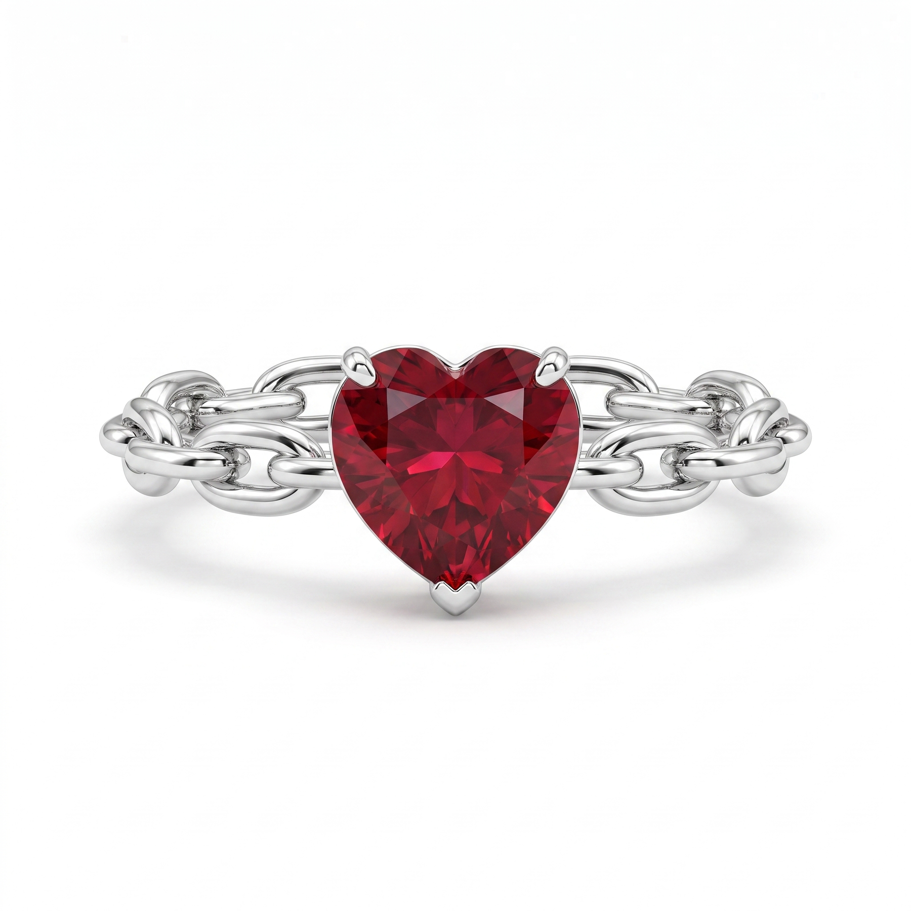Heart-Shaped Red Gemstone Chain Ring | 18K White Gold