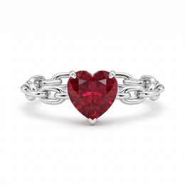 Heart-Shaped Red Gemstone Chain Ring | 18K White Gold