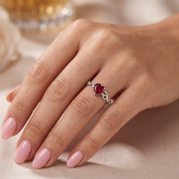 Heart-Shaped Red Gemstone Chain Ring | 18K White Gold