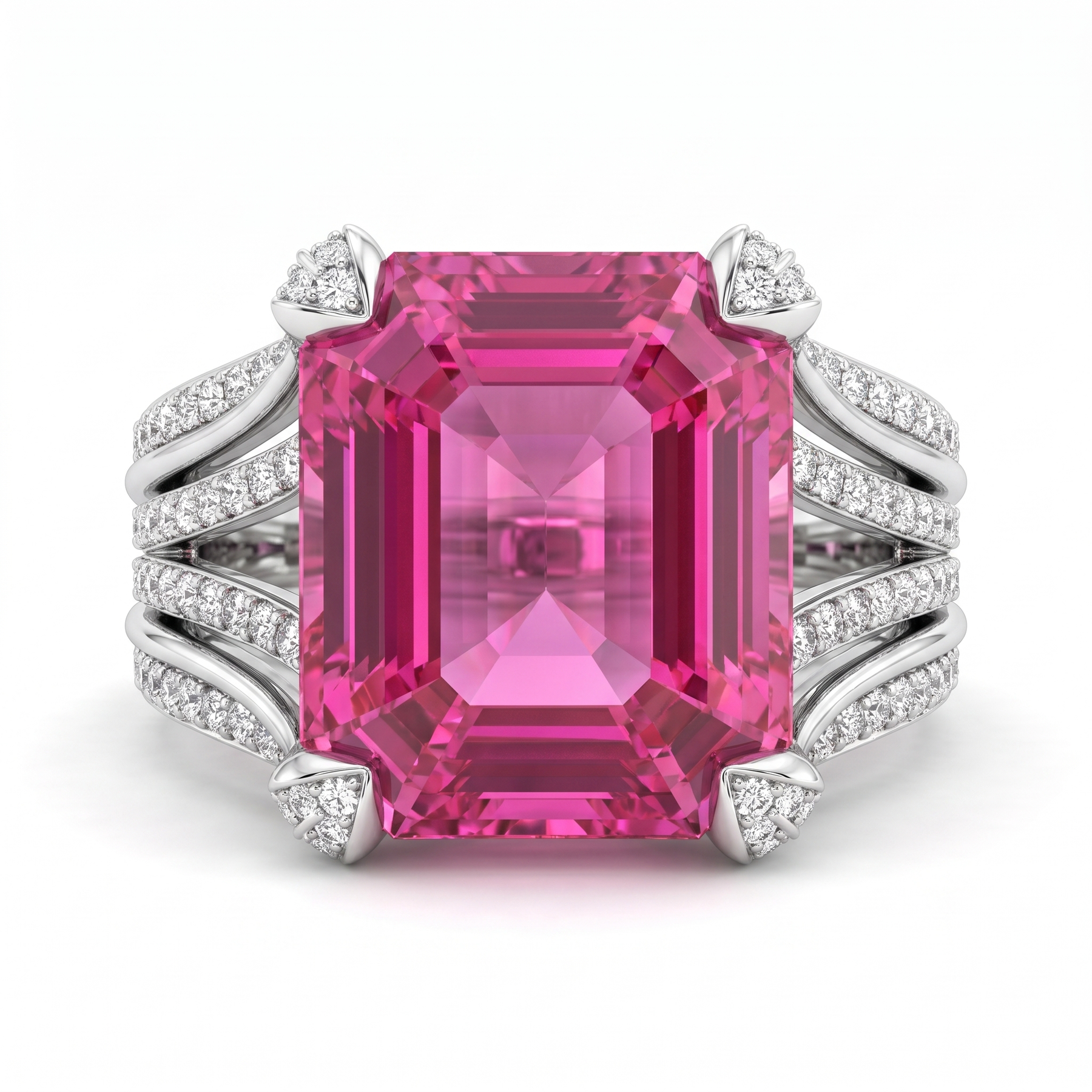 Emerald-Cut Pink Gemstone & Lab-Grown Diamond Statement Ring | 18K White Gold