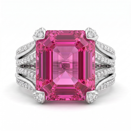 Emerald-Cut Pink Gemstone & Lab-Grown Diamond Statement Ring | 18K White Gold