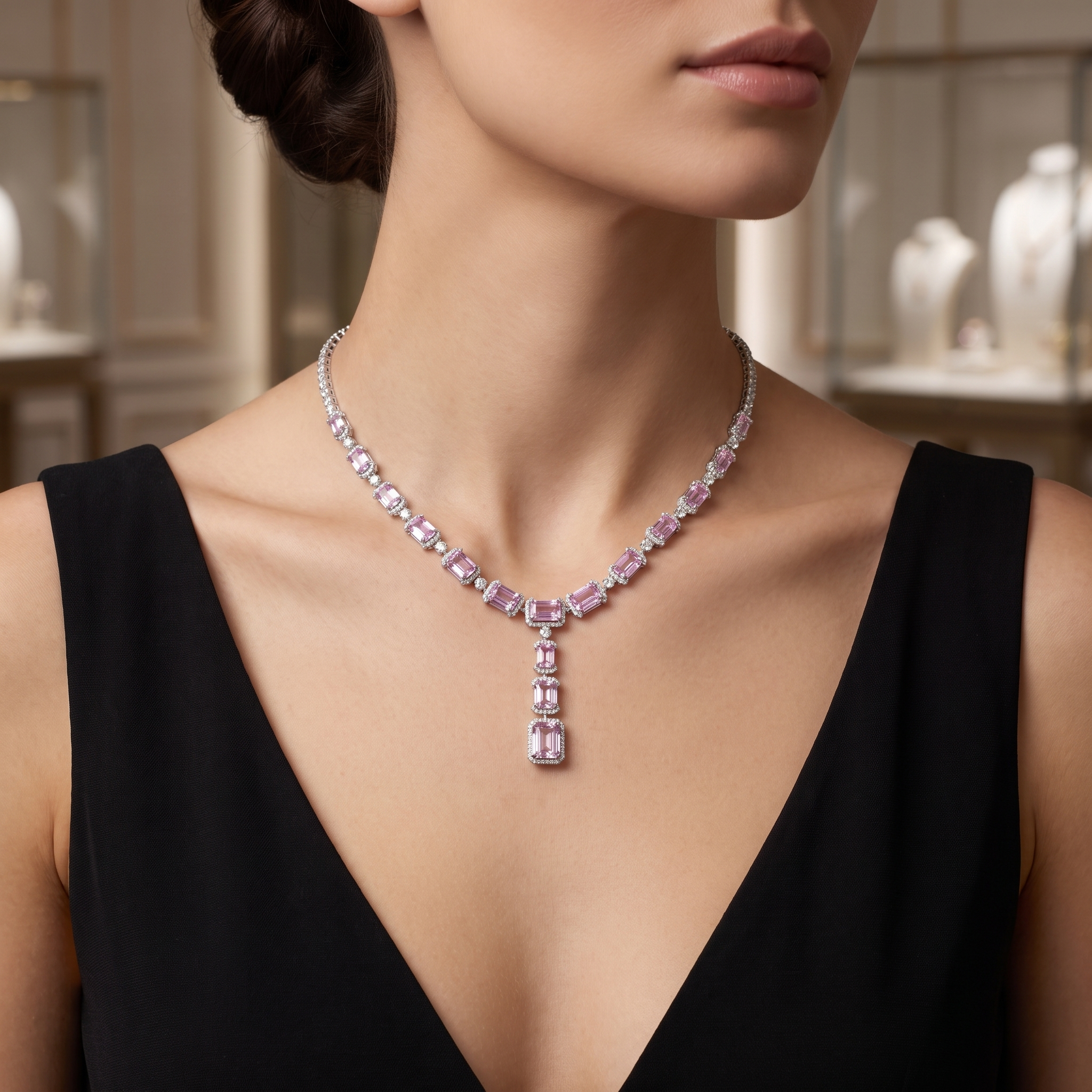 Pink Gemstone & Lab-Grown Diamond Statement Necklace | 77.02 CT | 18K White Gold Secondary image