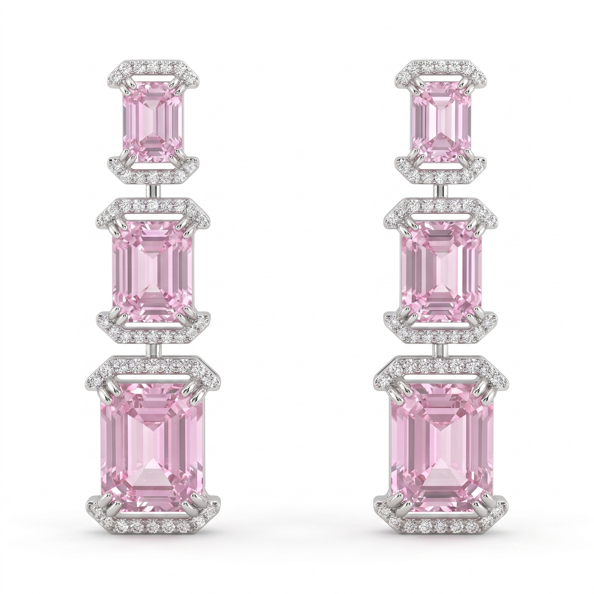 Emerald-Cut Pink Gemstone & Lab-Grown Diamond Drop Earrings | 16.985 CT | 18K White Gold Main image