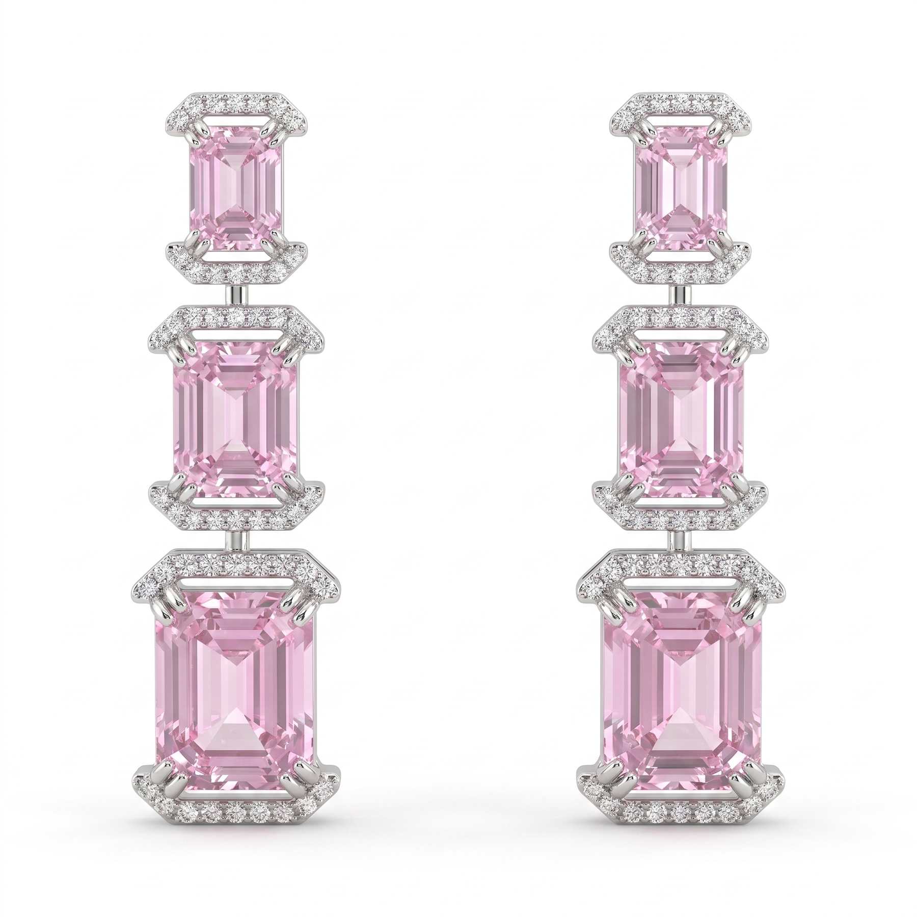 Emerald-Cut Pink Gemstone & Lab-Grown Diamond Drop Earrings | 16.985 CT | 18K White Gold