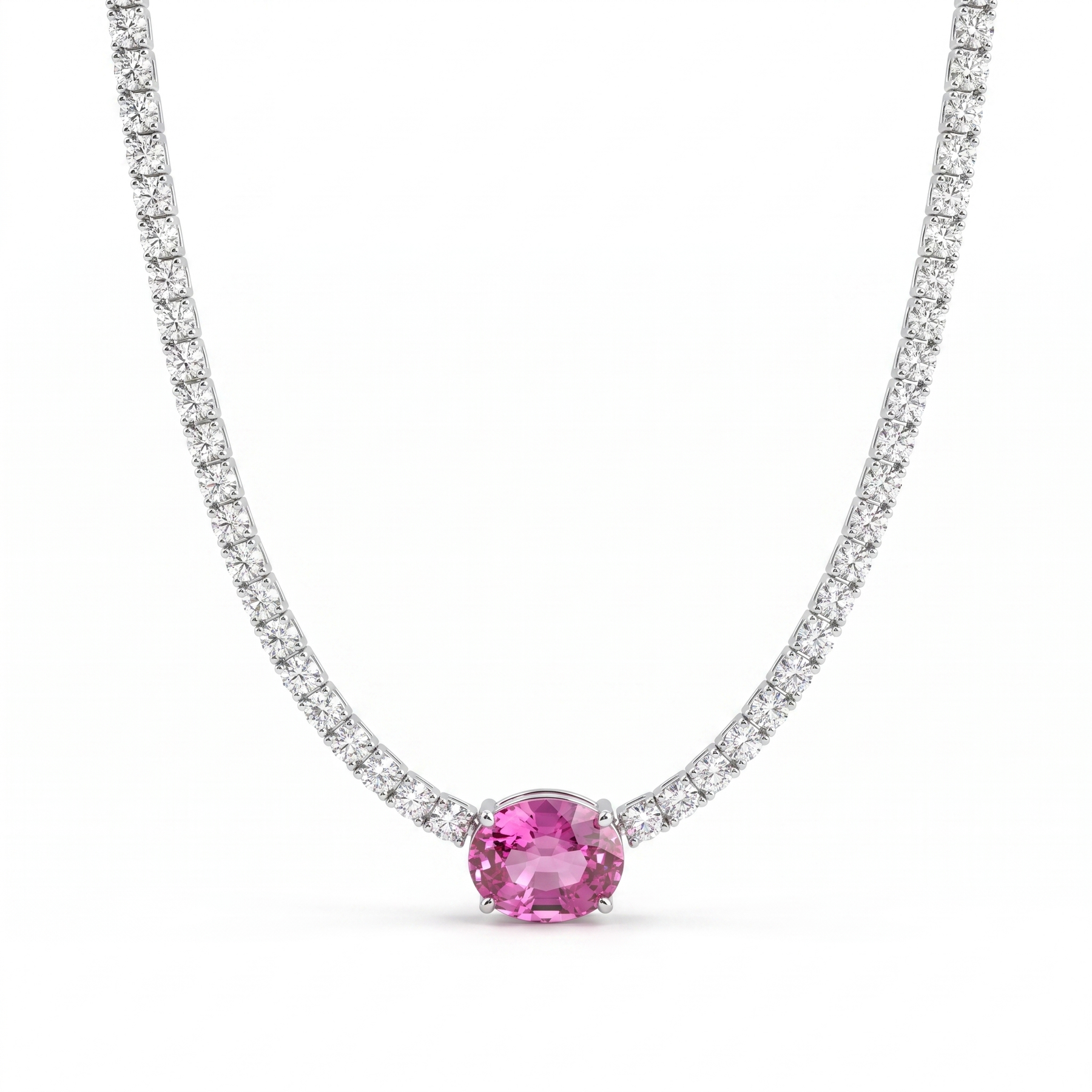 Pink Gemstone & Lab-Grown Diamond Tennis Necklace | 6.34 CT Diamonds | 18K White Gold