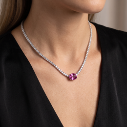 Pink Gemstone & Lab-Grown Diamond Tennis Necklace | 6.34 CT Diamonds | 18K White Gold