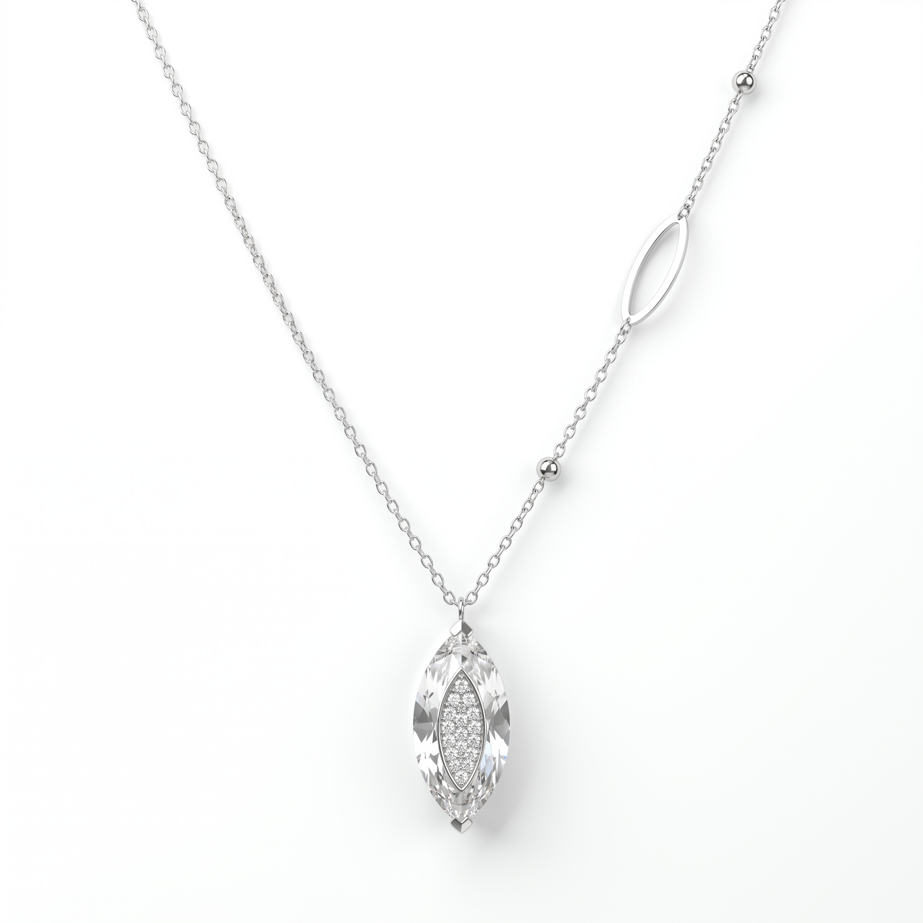 White Gemstone & Lab-Grown Diamond Marquise Pendant Necklace | 0.15 CT Diamonds | 18K White Gold