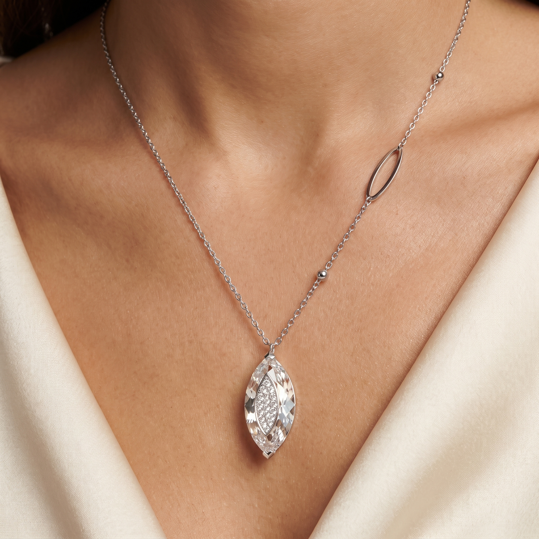 White Gemstone & Lab-Grown Diamond Marquise Pendant Necklace | 0.15 CT Diamonds | 18K White Gold Secondary image