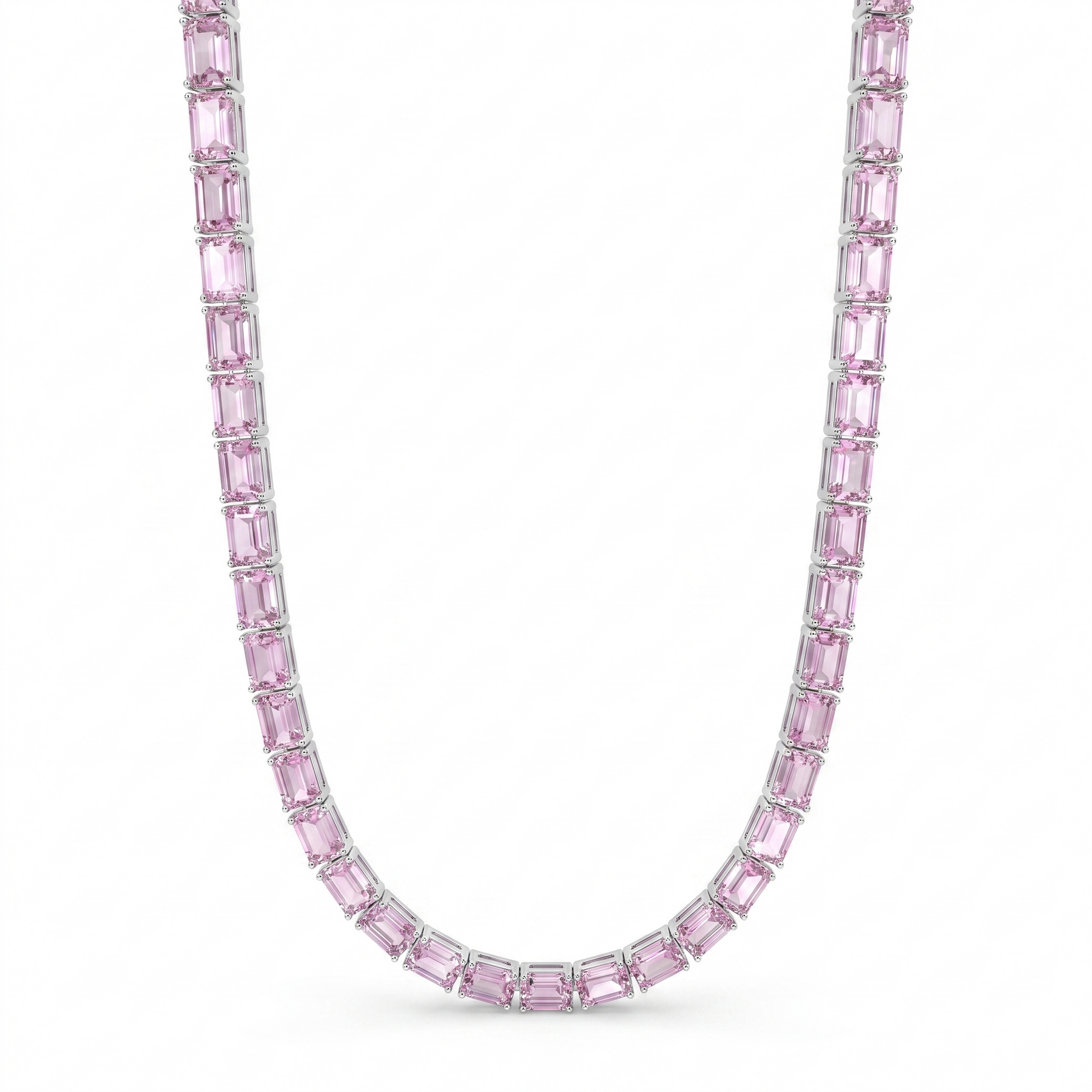 Emerald-Cut Pink Gemstone Tennis Necklace | 47.45 CT | 18K White Gold