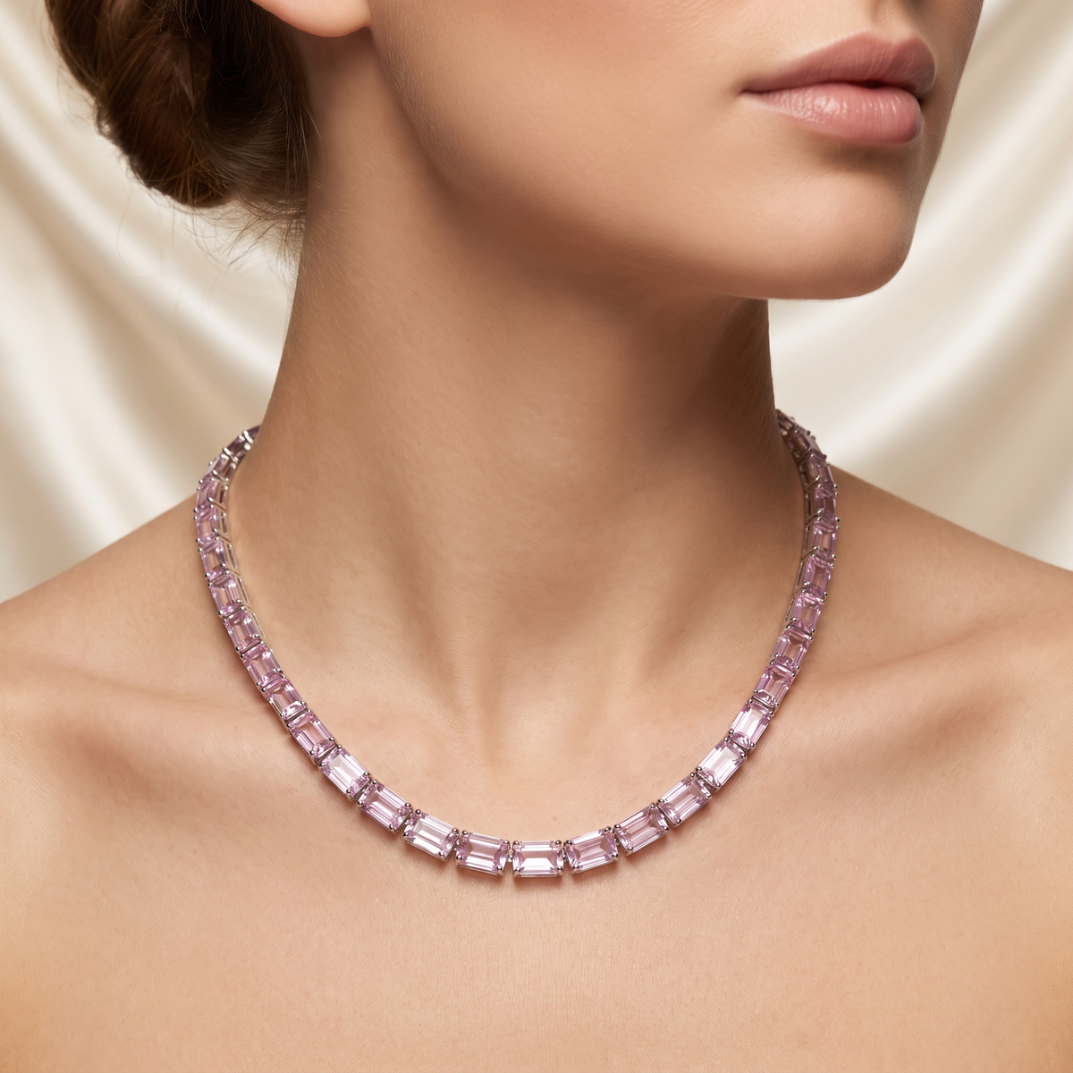 Emerald-Cut Pink Gemstone Tennis Necklace | 47.45 CT | 18K White Gold