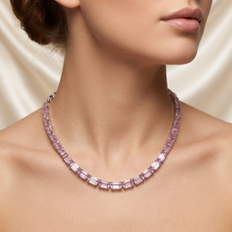 Emerald-Cut Pink Gemstone Tennis Necklace | 47.45 CT | 18K White Gold