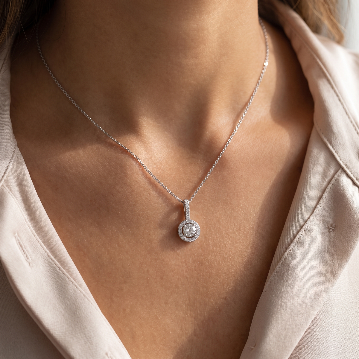 Lab-Created Diamond Halo Pendant Necklace | 1.34 CT | 18K White Gold