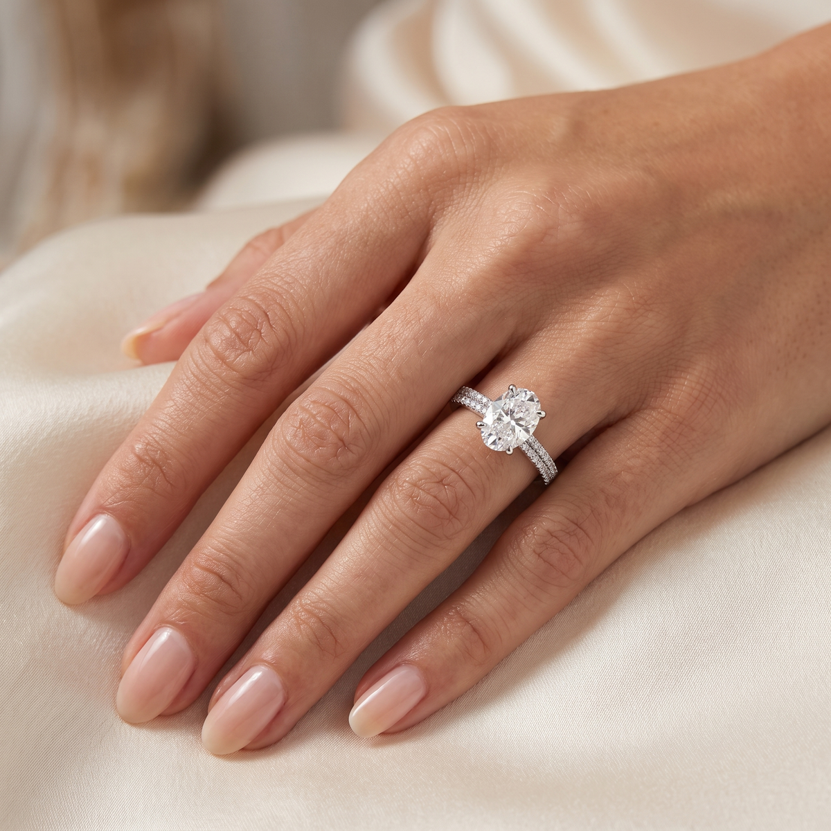 Lab-Created Oval Diamond Engagement Ring | 3.00 CT Diamonds | 18K White Gold