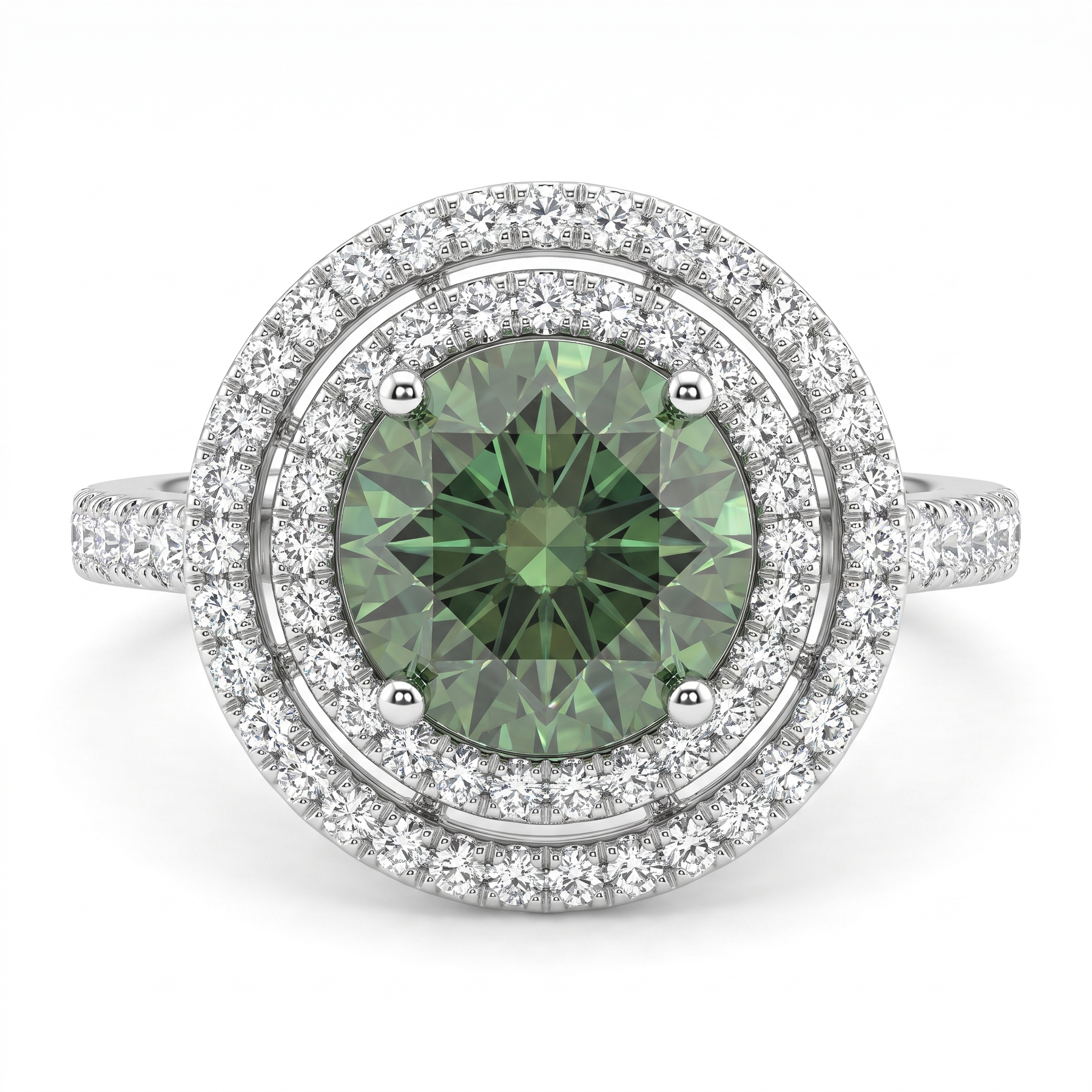 Lab-Created Green Diamond Double Halo Ring | 3.11 CT Diamonds | 18K White Gold