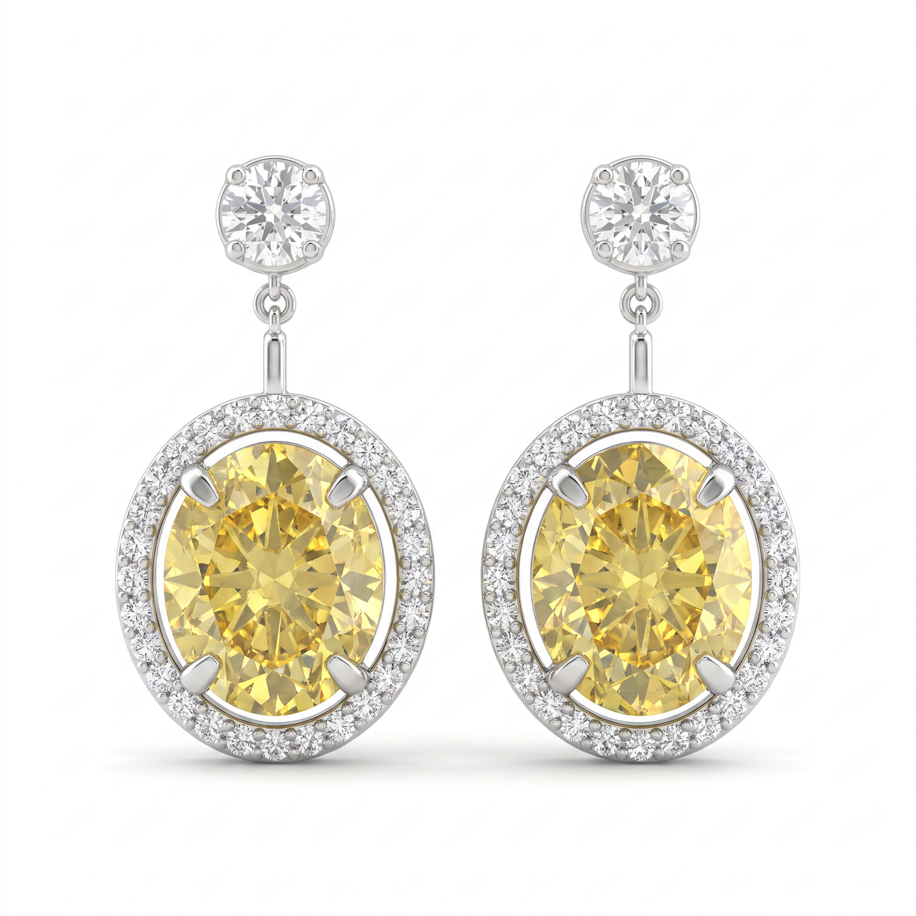 Lab-Created Yellow Diamond Halo Drop Earrings | 14.00 CT Diamonds | 18K White Gold