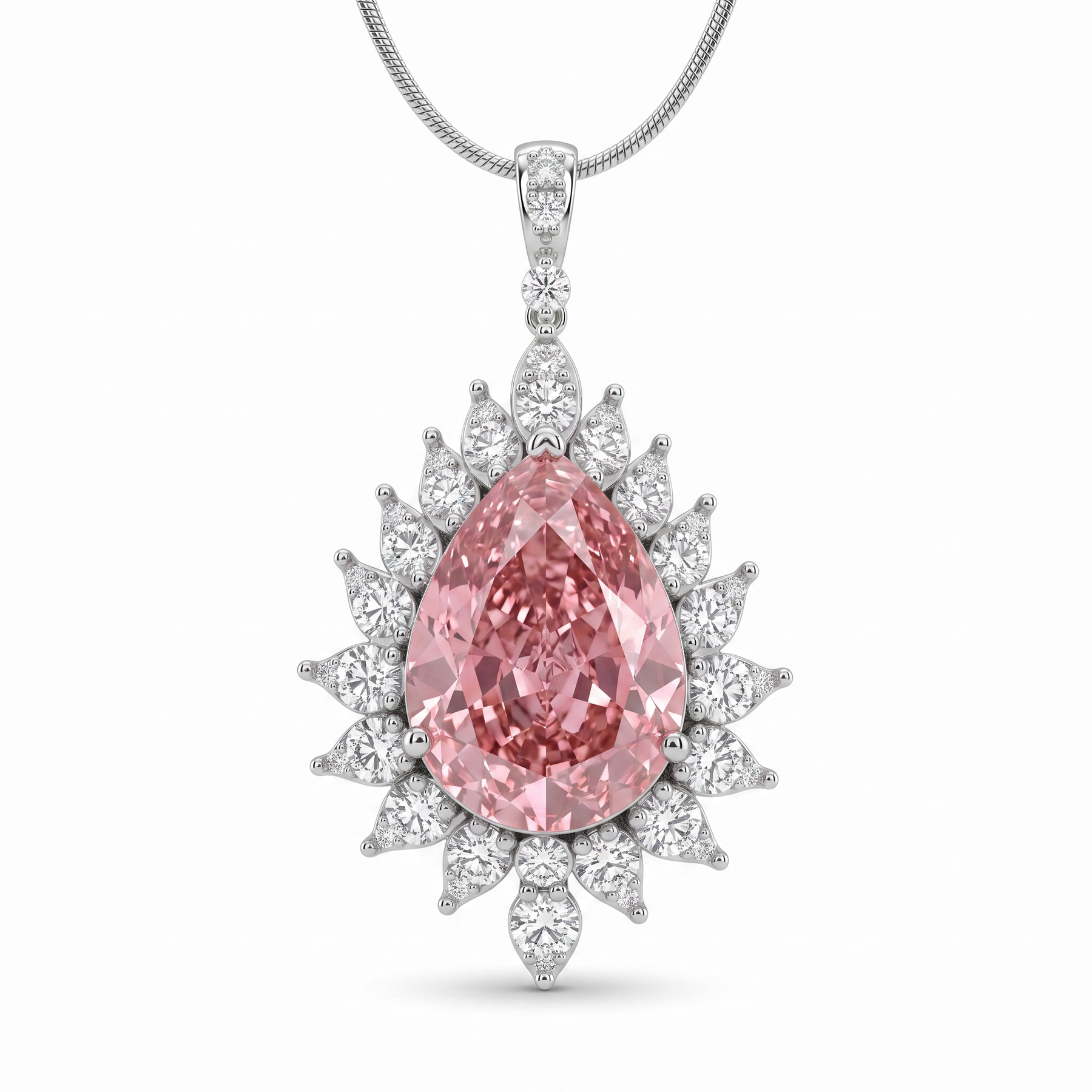 Lab-Created Pink Pear Diamond Halo Pendant Necklace | 9.00 CT Diamonds | 18K White Gold