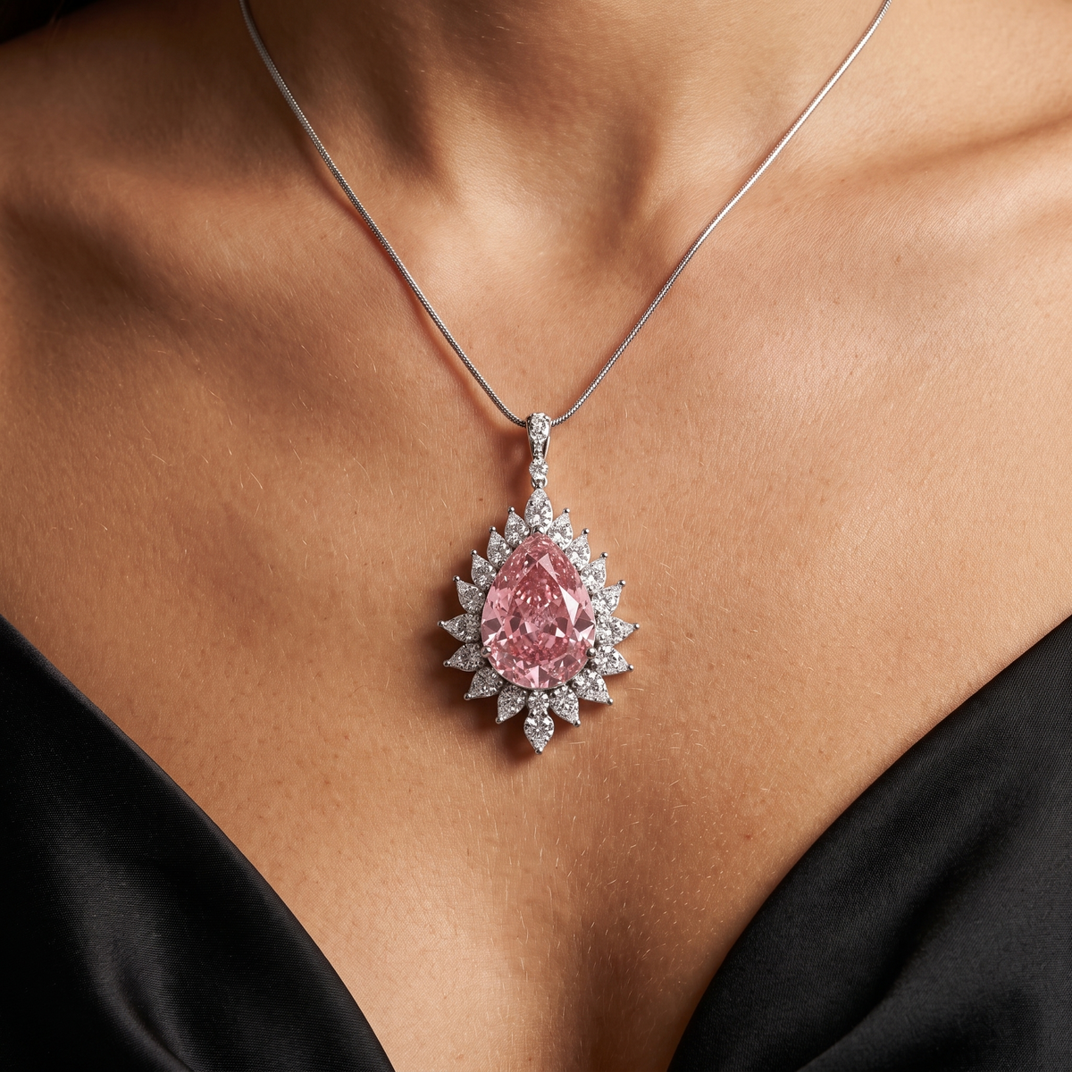 Lab-Created Pink Pear Diamond Halo Pendant Necklace | 9.00 CT Diamonds | 18K White Gold