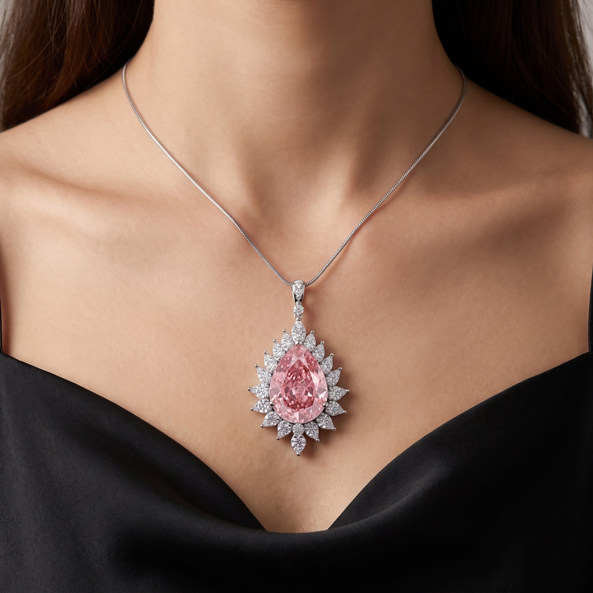 Lab-Created Pink Pear Diamond Halo Pendant Necklace | 9.00 CT Diamonds | 18K White Gold