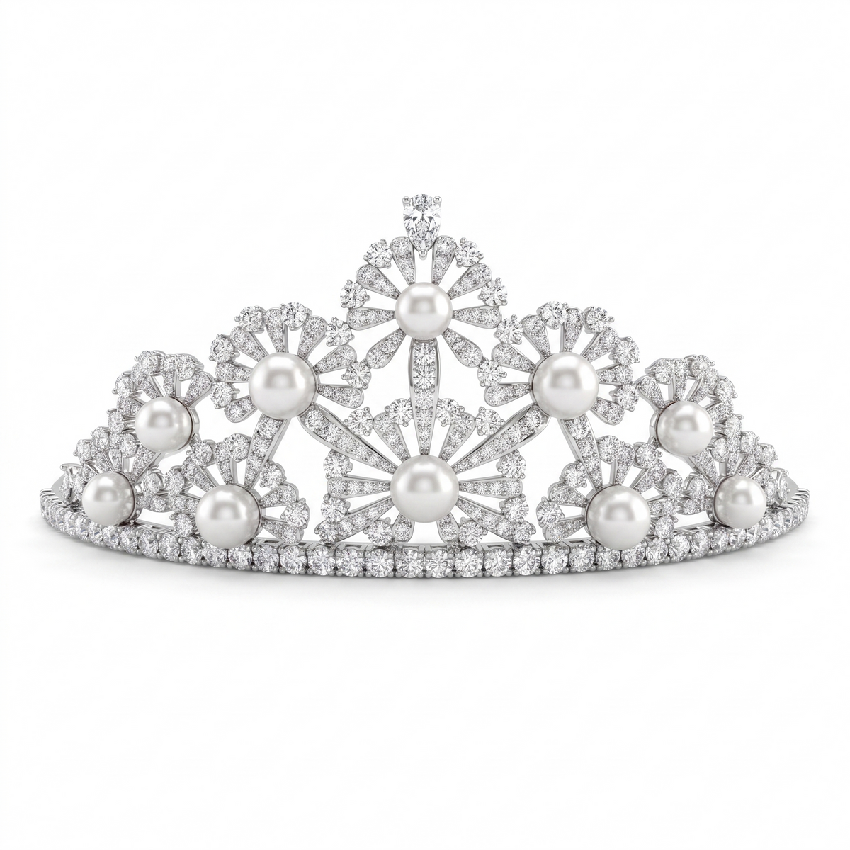American Diamond & Pearl Floral Tiara | Silver-Tone Fine Jewelry | 85.06 g Main image