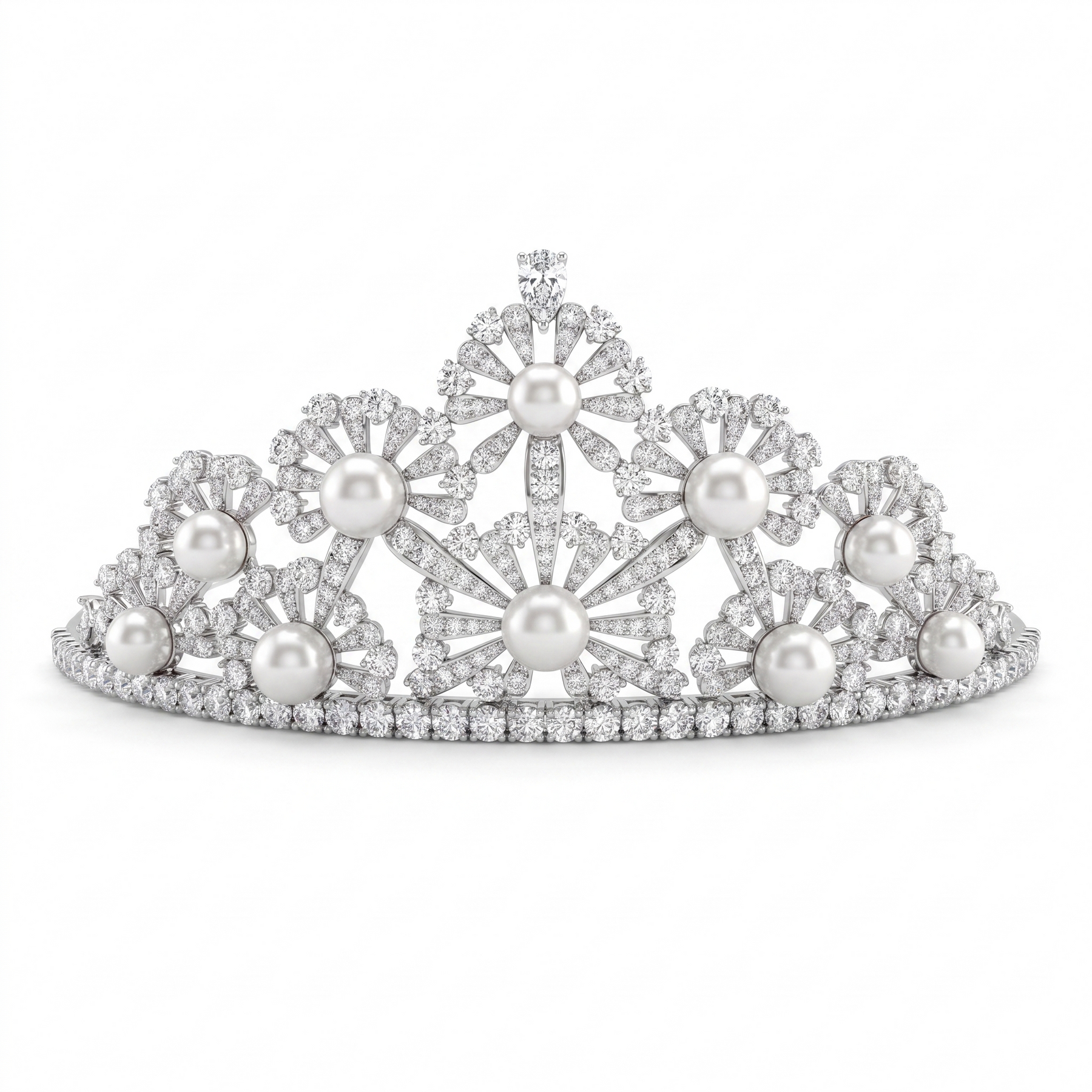 American Diamond & Pearl Floral Tiara | Silver-Tone Fine Jewelry | 85.06 g