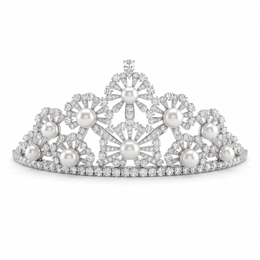 American Diamond & Pearl Floral Tiara | Silver-Tone Fine Jewelry | 85.06 g