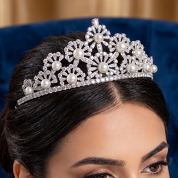 American Diamond & Pearl Floral Tiara | Silver-Tone Fine Jewelry | 85.06 g