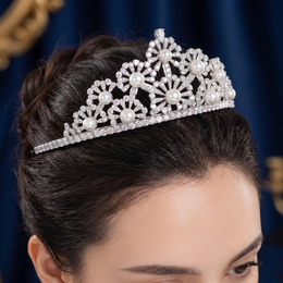 American Diamond & Pearl Floral Tiara | Silver-Tone Fine Jewelry | 85.06 g