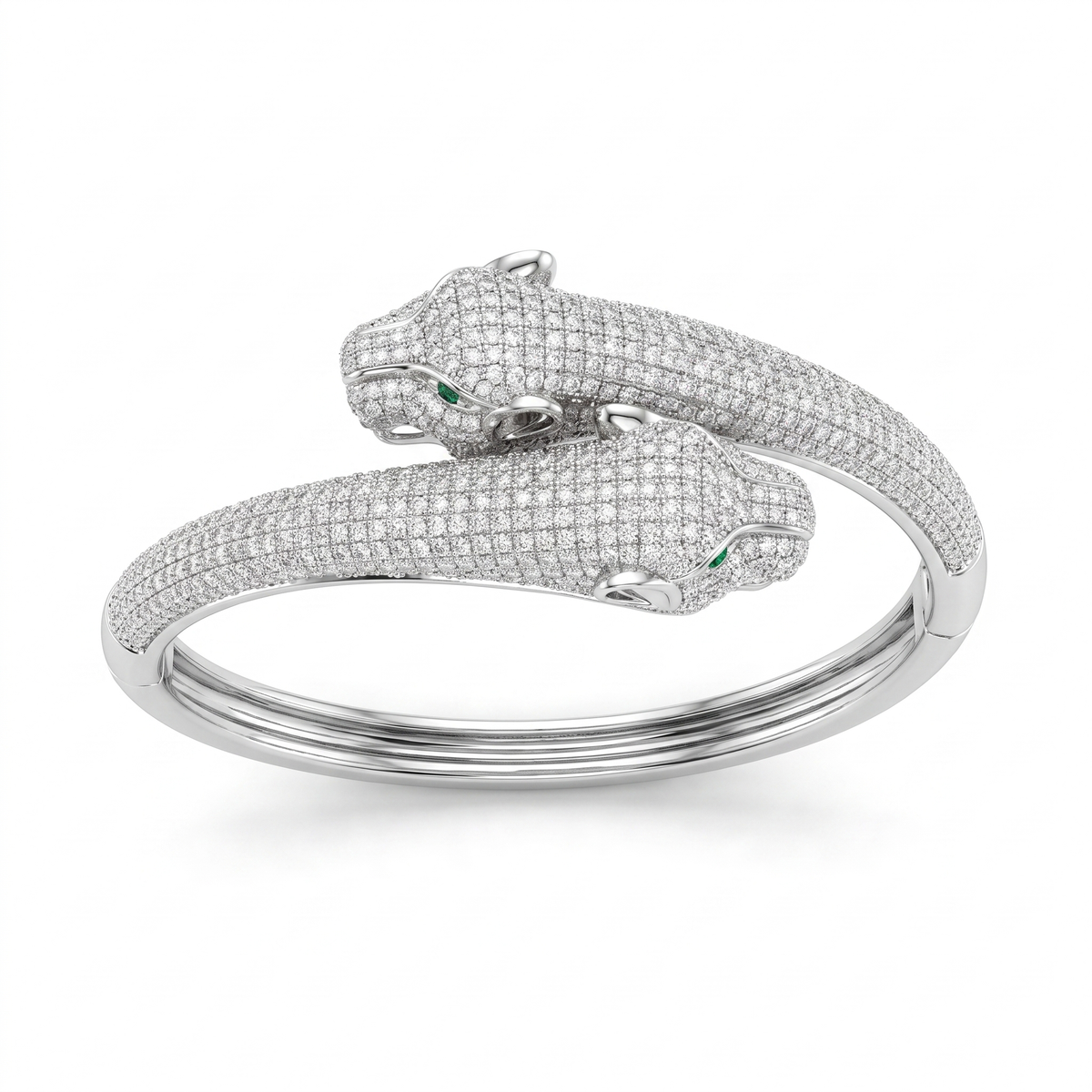 American Diamond Double Panther Bangle Bracelet with Green Eye Accents | Sterling Silver 925 | 27.90 g Main image