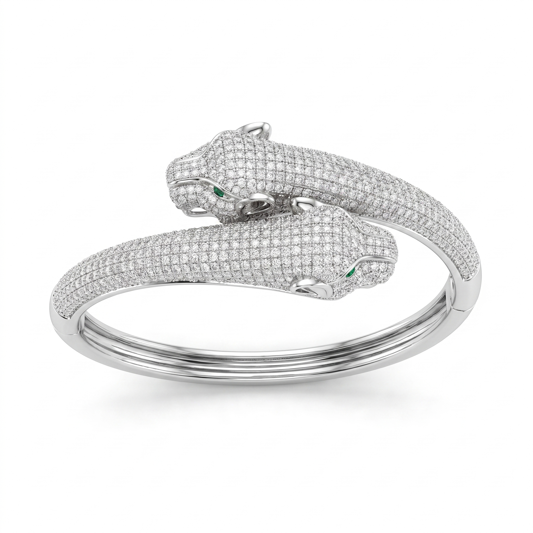 American Diamond Double Panther Bangle Bracelet with Green Eye Accents | Sterling Silver 925 | 27.90 g