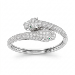American Diamond Double Panther Bangle Bracelet with Green Eye Accents | Sterling Silver 925 | 27.90 g