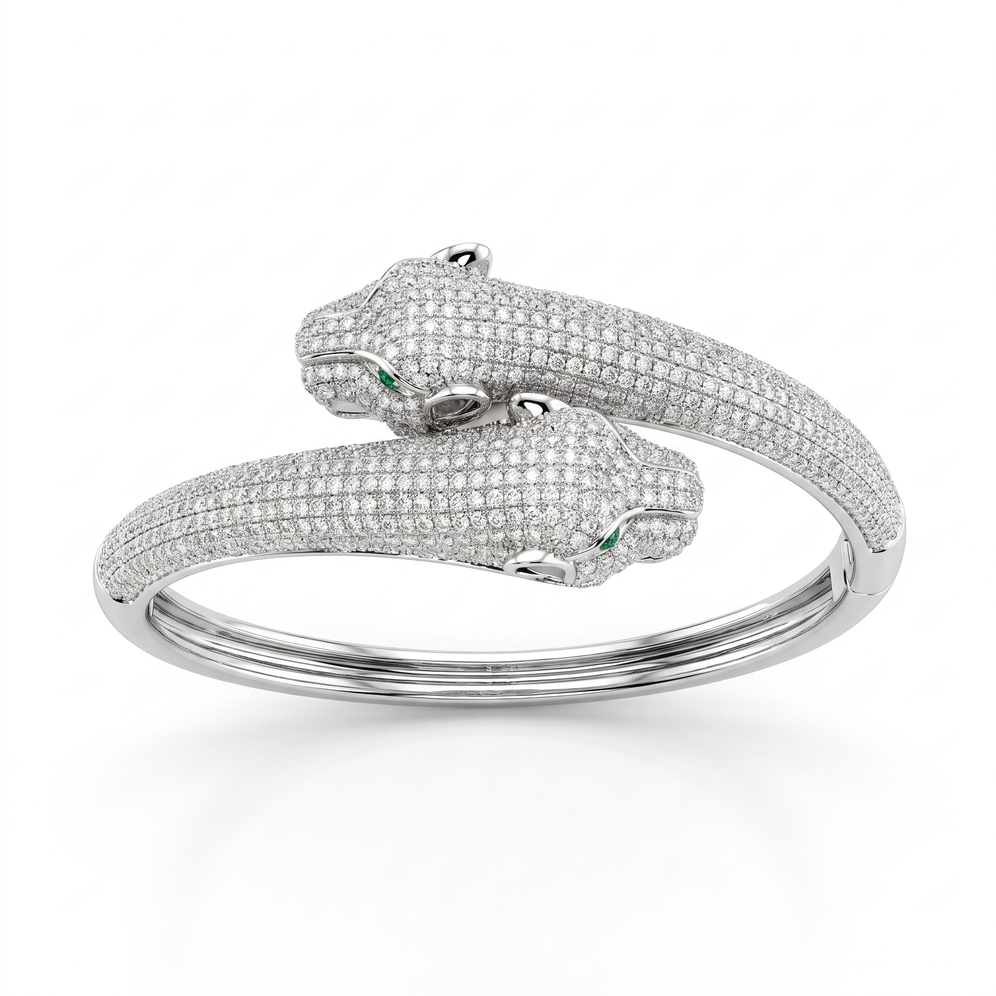 American Diamond Double Panther Bangle Bracelet with Green Eye Accents | Sterling Silver 925 | 27.90 g Secondary image