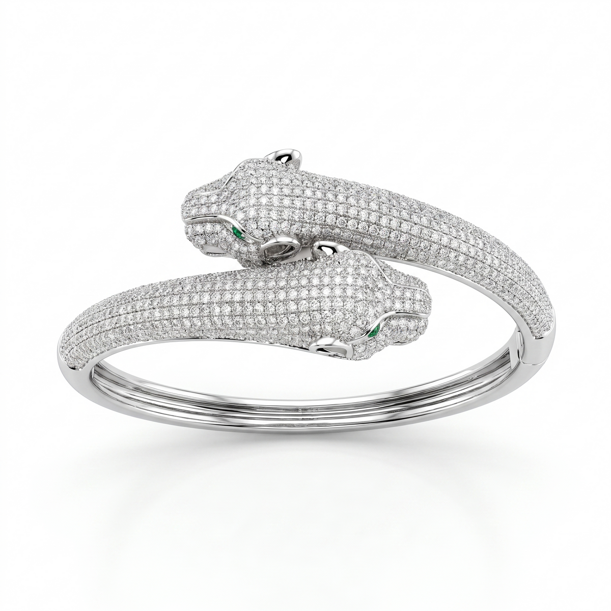 American Diamond Double Panther Bangle Bracelet with Green Eye Accents | Sterling Silver 925 | 27.90 g