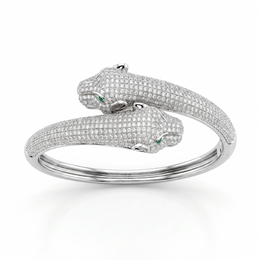 American Diamond Double Panther Bangle Bracelet with Green Eye Accents | Sterling Silver 925 | 27.90 g