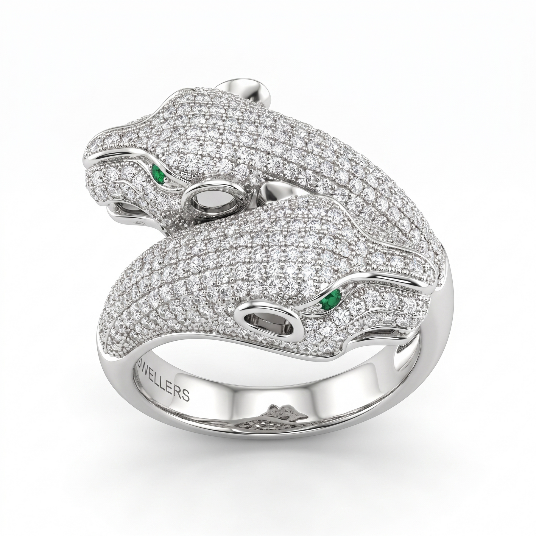 American Diamond Double Panther Statement Ring with Green Eye Accents | Sterling Silver 925 | 9.07 g