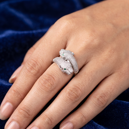 American Diamond Double Panther Statement Ring with Green Eye Accents | Sterling Silver 925 | 9.07 g